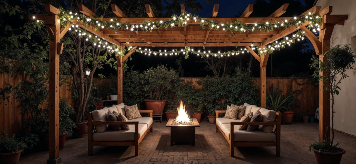 Terrasse avec pergola éclairée et foyer central.