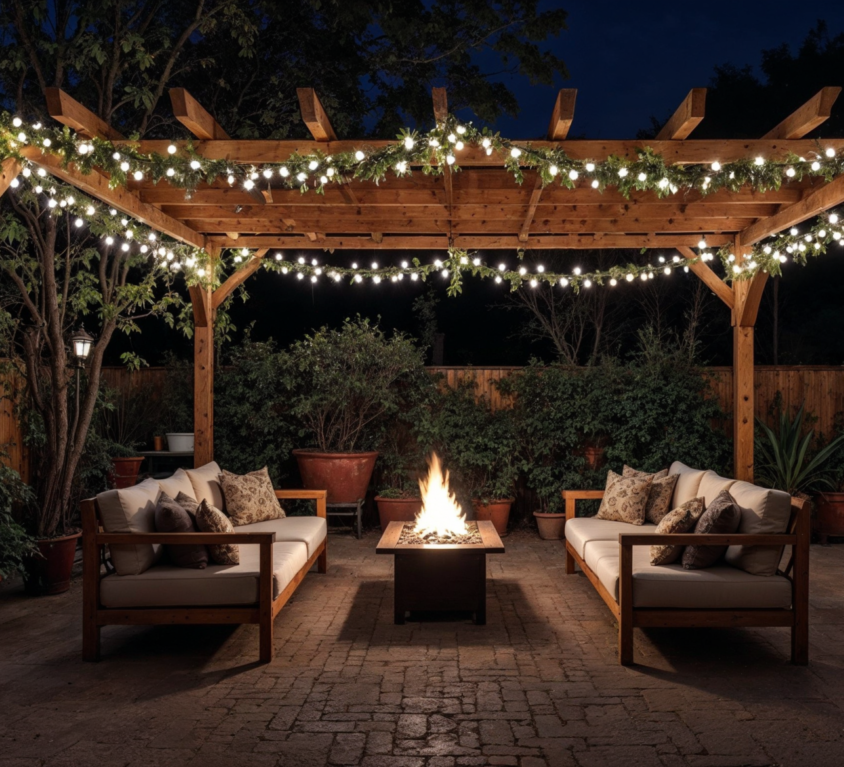 Terrasse avec pergola éclairée et foyer central.