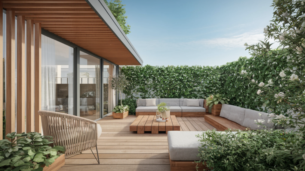 Terrasse moderne avec mobilier en bois et végétation.