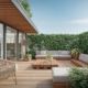 Terrasse moderne avec mobilier en bois et végétation.