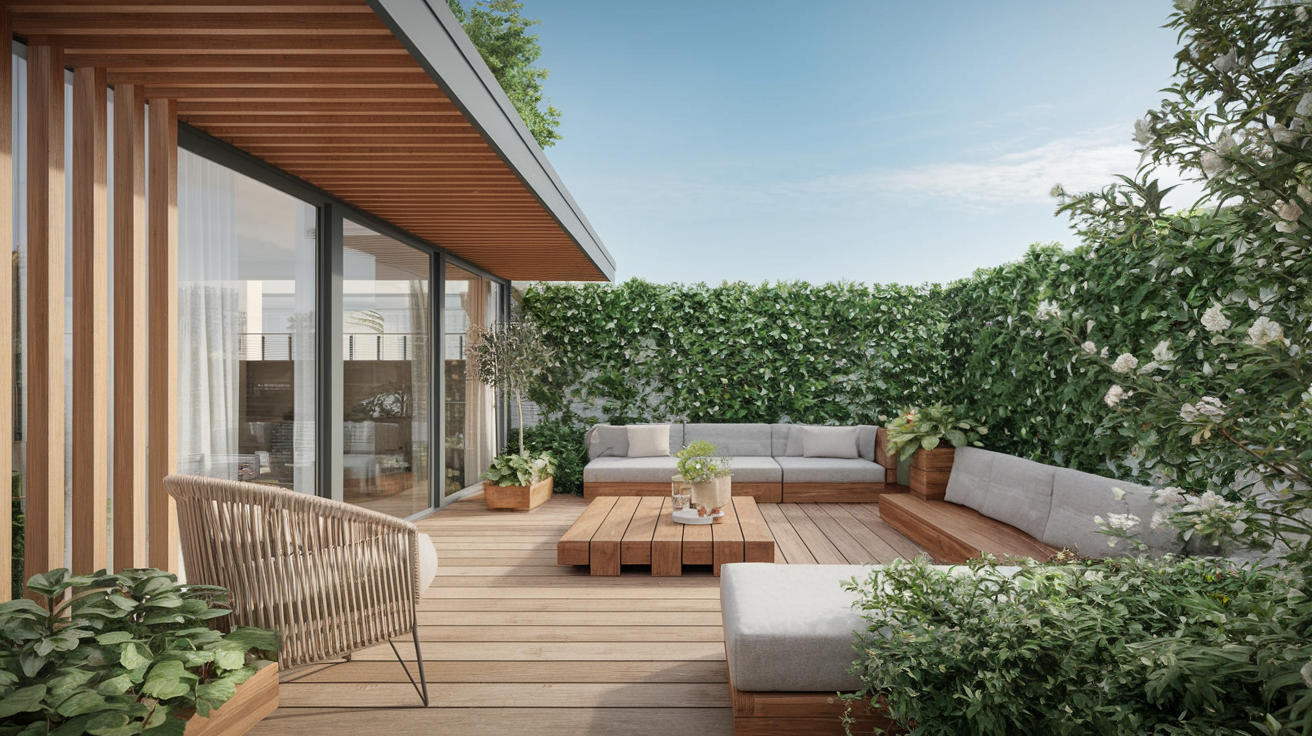 Terrasse moderne avec mobilier en bois et végétation.