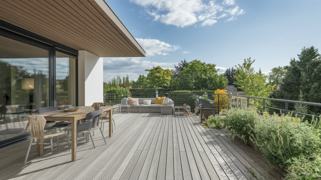 ESPACE DIMENSION Terrasse en bois avec mobilier extérieur et plantes verdoyantes.