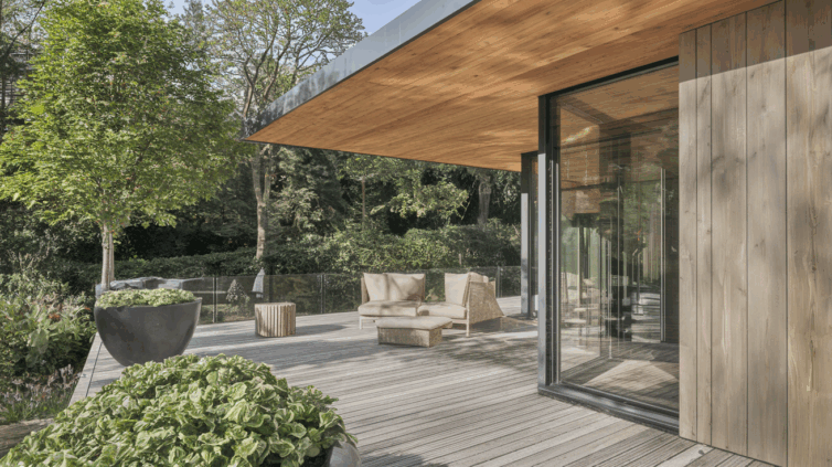 Terrasse bois moderne avec fauteuils et végétation luxuriante.