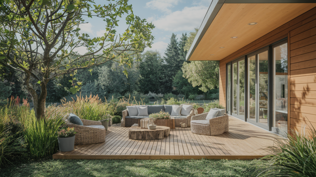 Exposition Terrasse en bois avec mobilier extérieur, nature environnante.