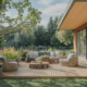 Exposition Terrasse en bois avec mobilier extérieur, nature environnante.