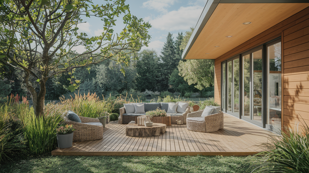 Exposition Terrasse en bois avec mobilier extérieur, nature environnante.