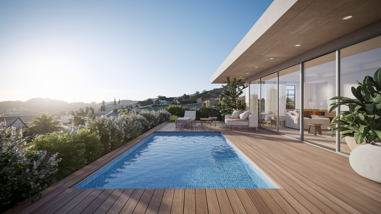 Terrasse moderne avec piscine et vue panoramique.
