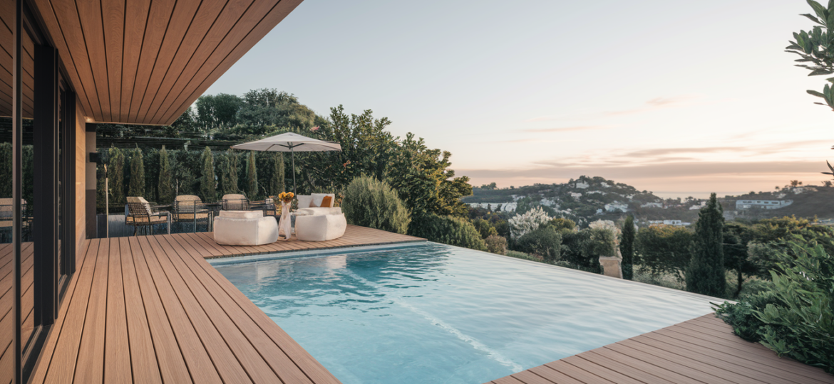 Terrasse en bois avec piscine au coucher du soleil.