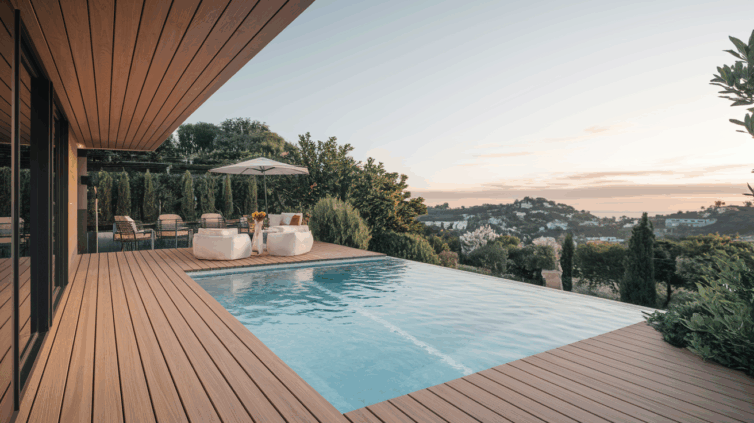 Terrasse en bois avec piscine au coucher du soleil.