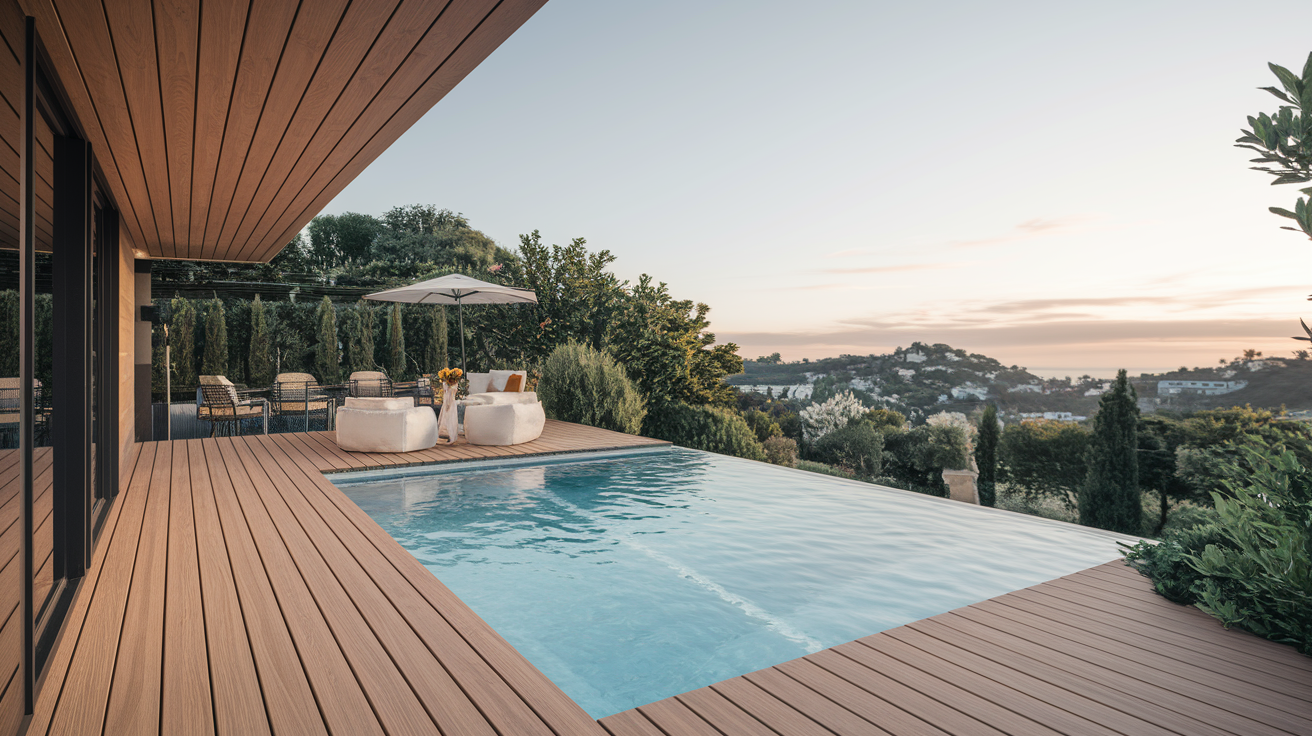 Terrasse en bois avec piscine au coucher du soleil.