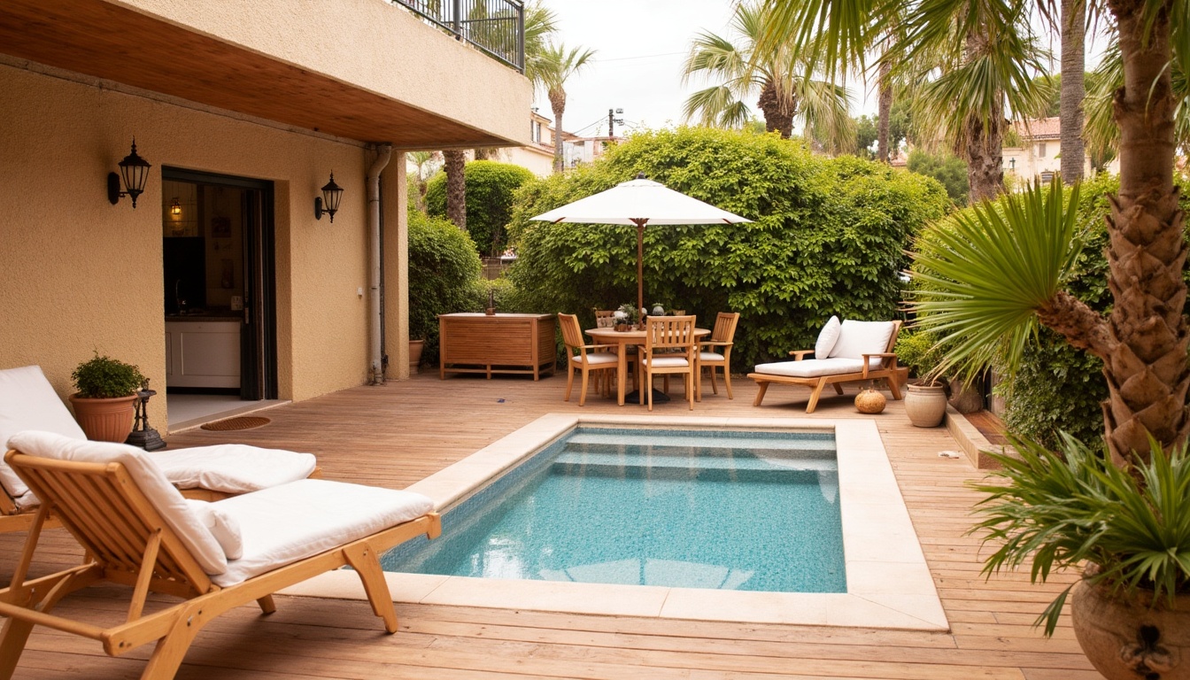 Terrasse avec piscine et mobilier en bois.