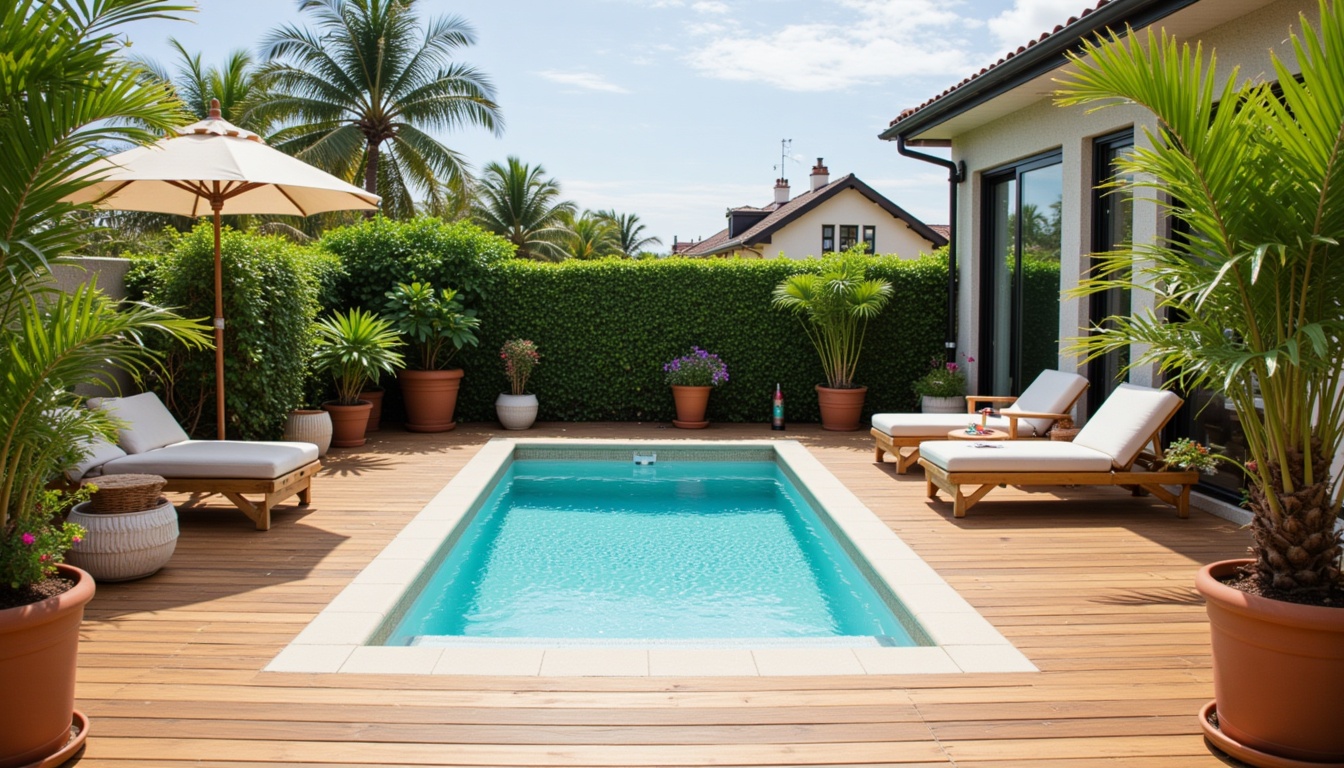 Piscine entourée de chaises longues et végétation tropicale.