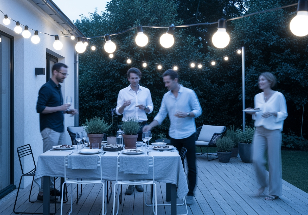 Dîner en terrasse avec amis sous guirlande lumineuse.