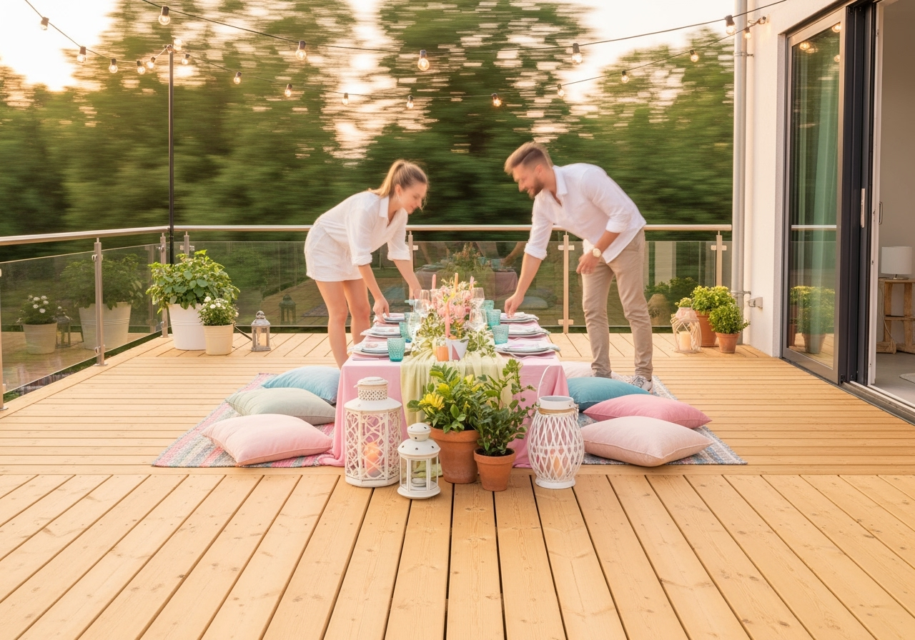 Couple préparant une table extérieure décorée.