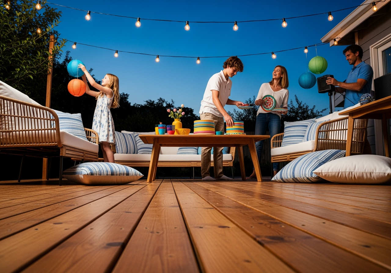 Famille préparant une terrasse festive en soirée.