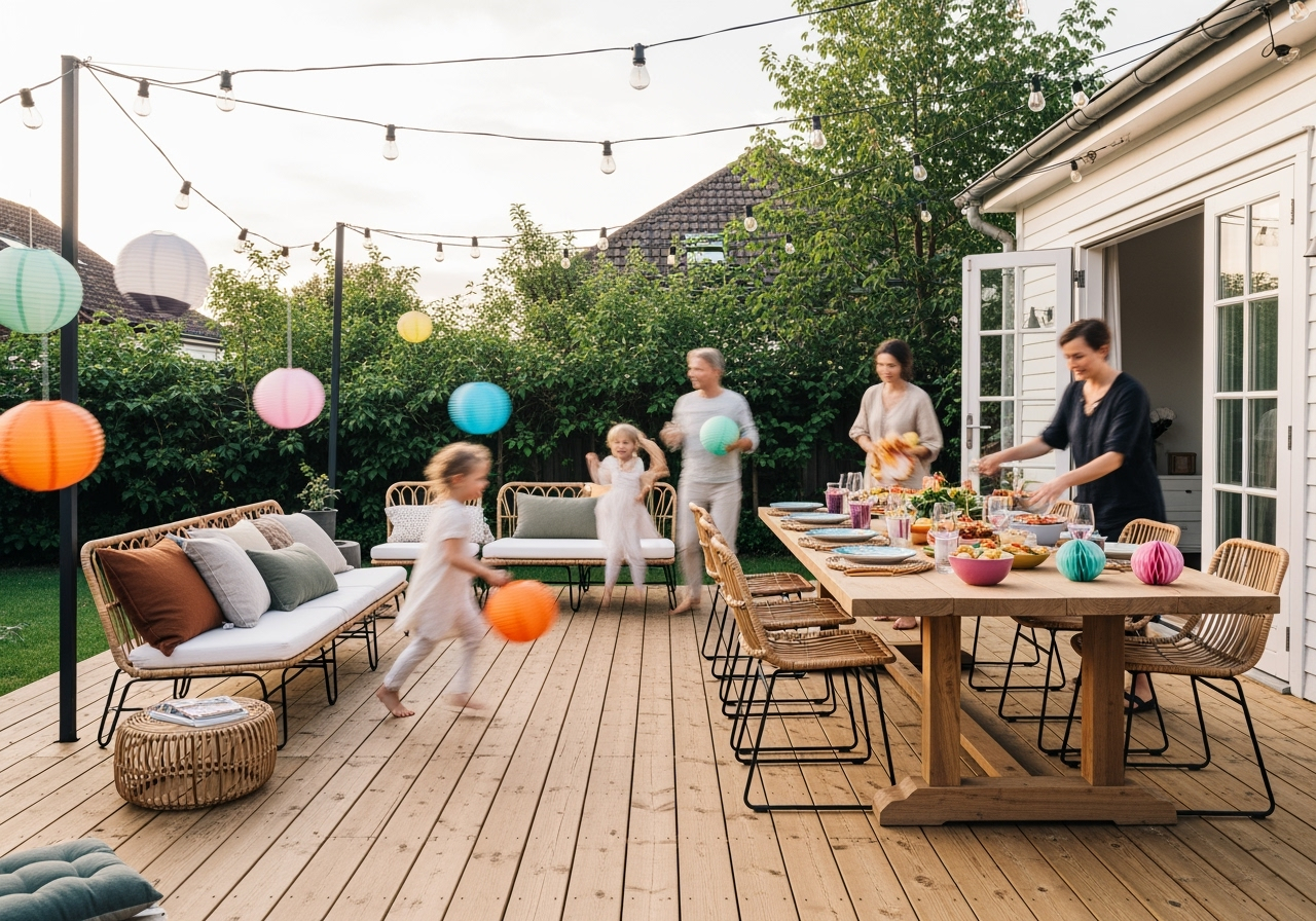 Famille préparant un repas dans le jardin.
