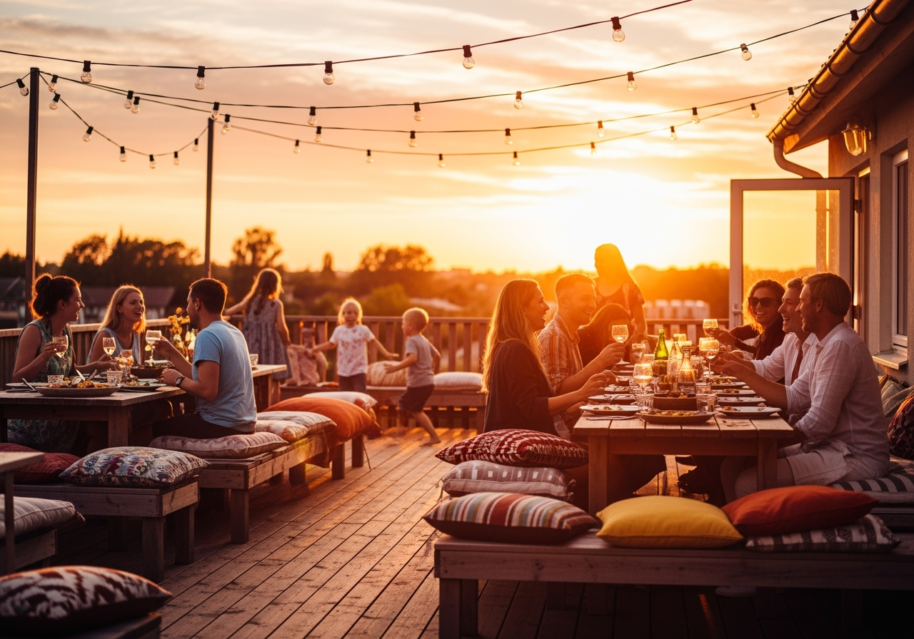Dîner en terrasse au coucher du soleil.