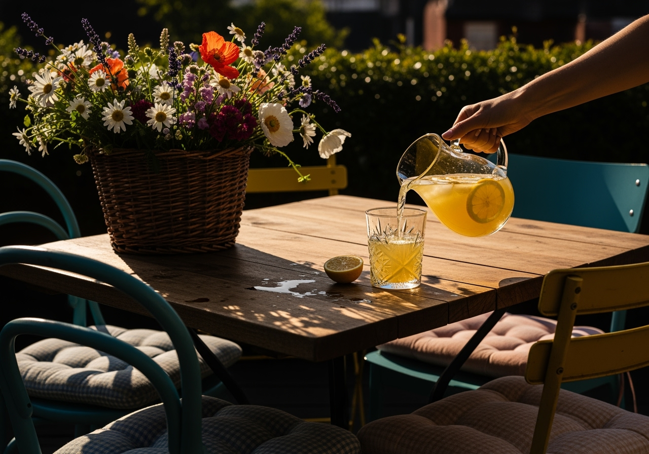 Jardin, table avec citronnade et fleurs colorées.