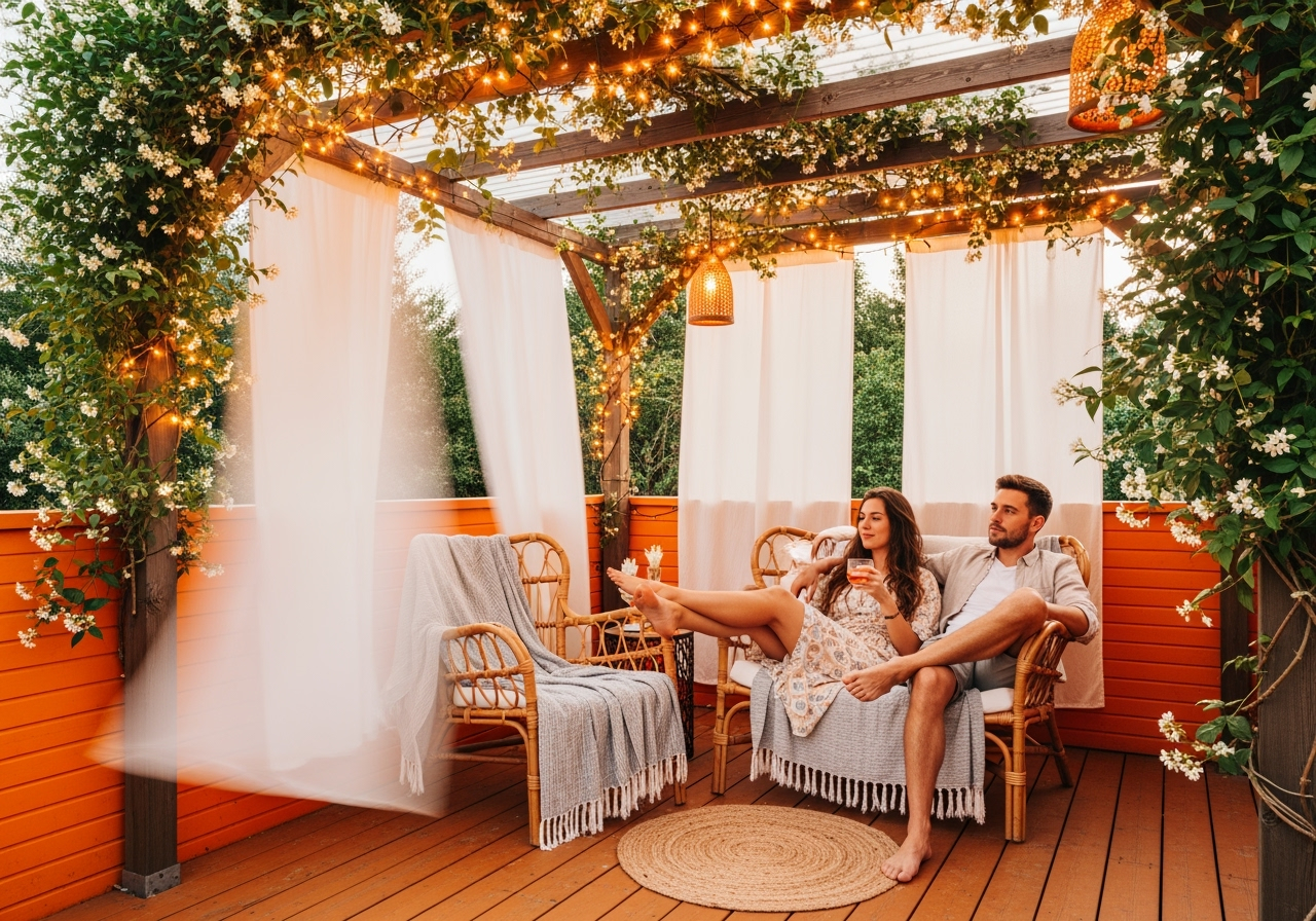Couple relaxant sous pergola éclairée.