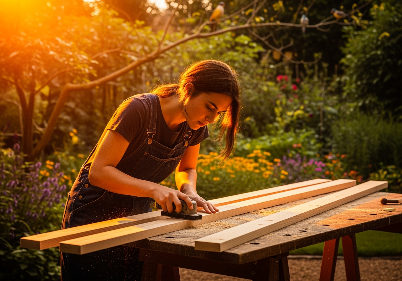 Personne ponçant du bois en plein air.