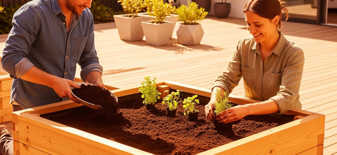 Couple jardinant sur une terrasse ensoleillée.