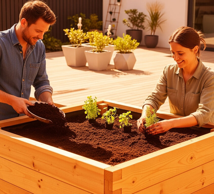 Couple jardinant sur une terrasse ensoleillée.