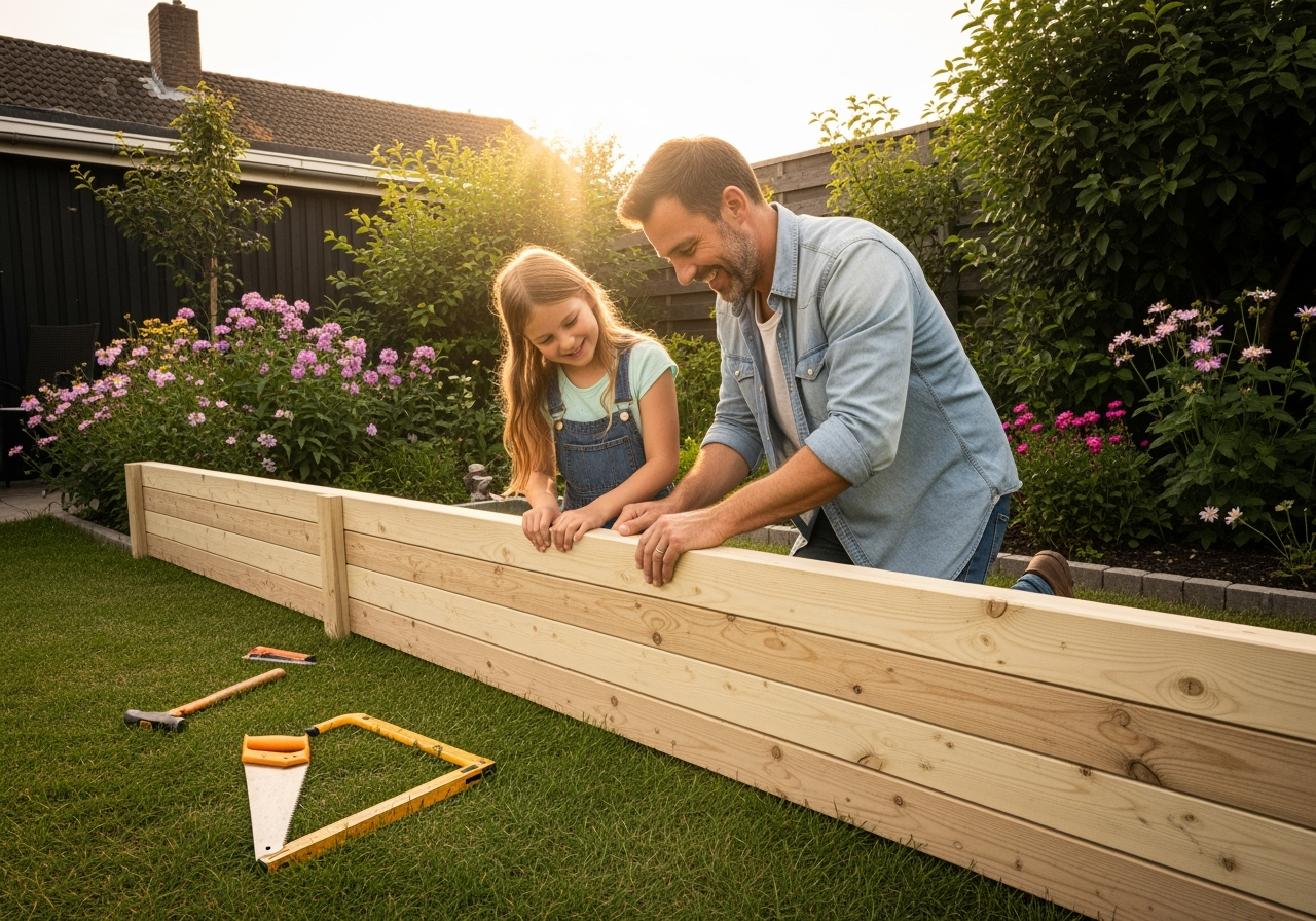 Enfants construisant une clôture en bois dans un jardin.