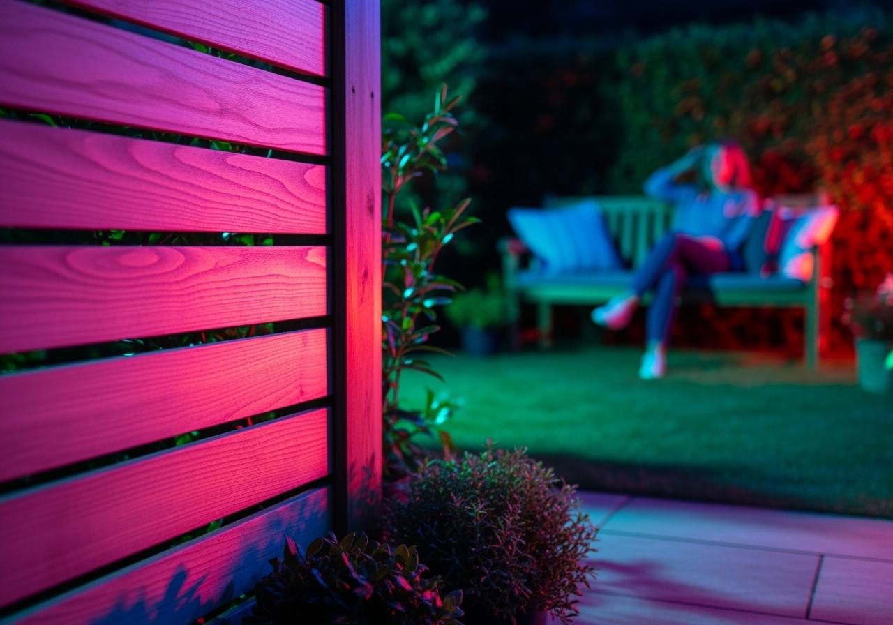Clôture en bois illuminée, jardin nocturne.