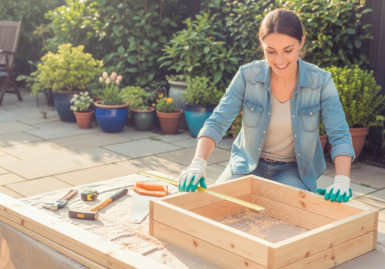 Femme mesure le bois dans un jardin ensoleillé.