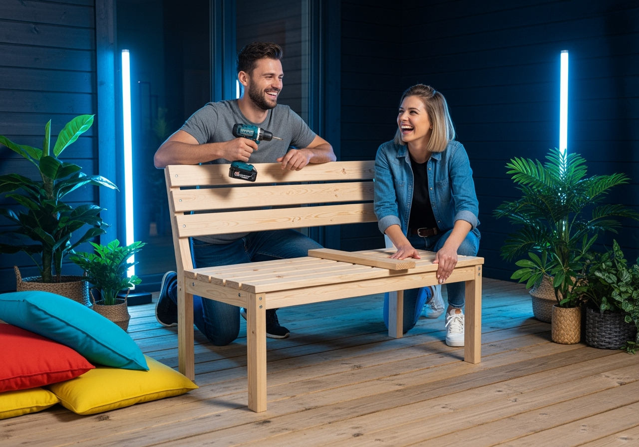 Couple construisant un banc en bois sur terrasse.
