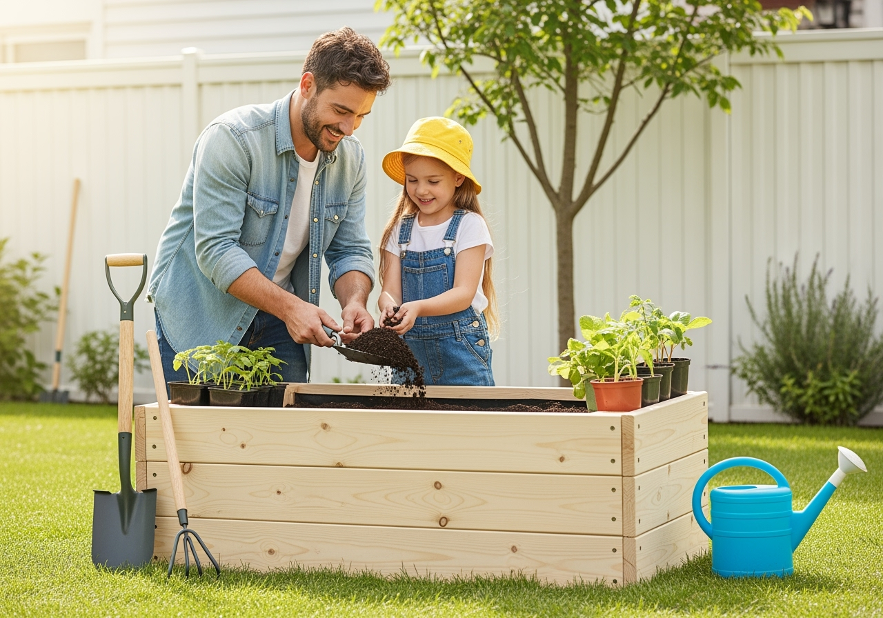 Père et fille jardinent ensemble, plantation de légumes.