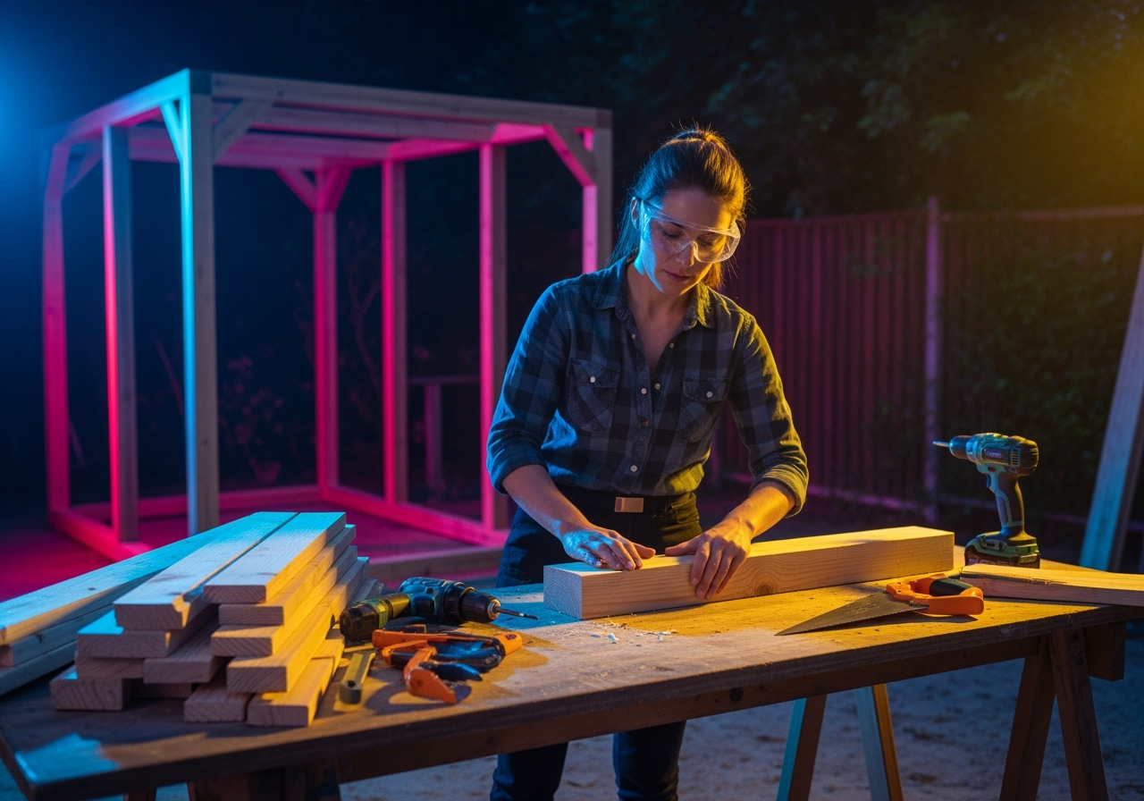 Femme travaillant le bois dans un atelier extérieur.