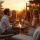 Dîner convivial en terrasse au coucher du soleil.