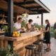 Personnes préparant des cocktails au bar extérieur.