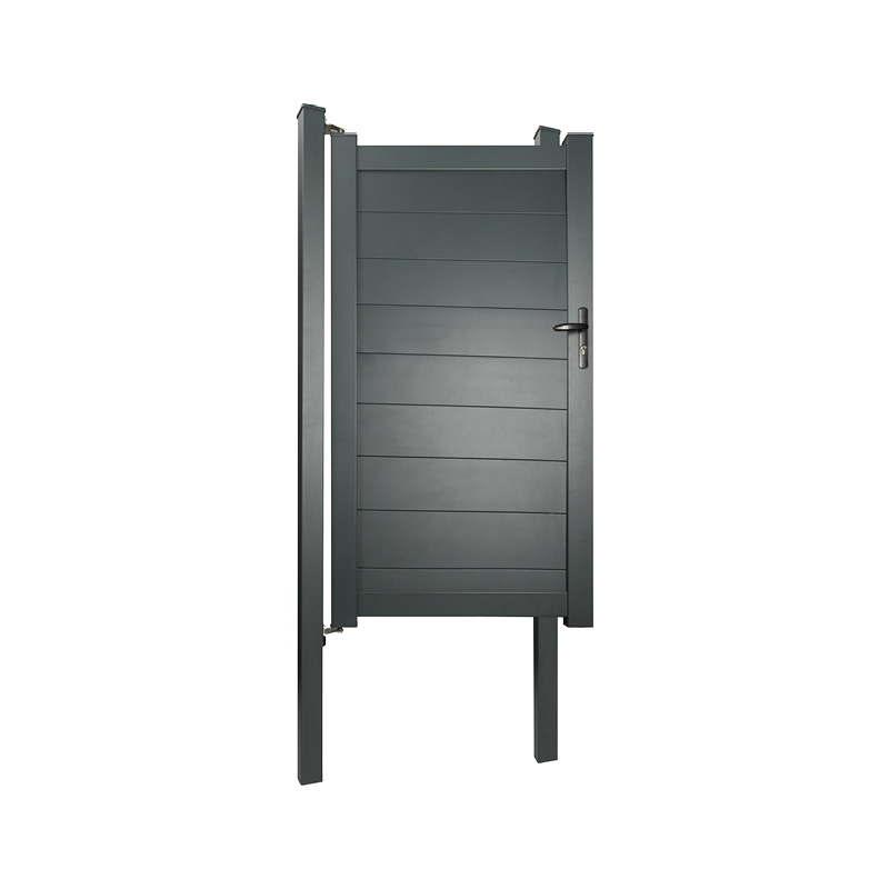 Portillon aluminium gris moderne avec poignée.