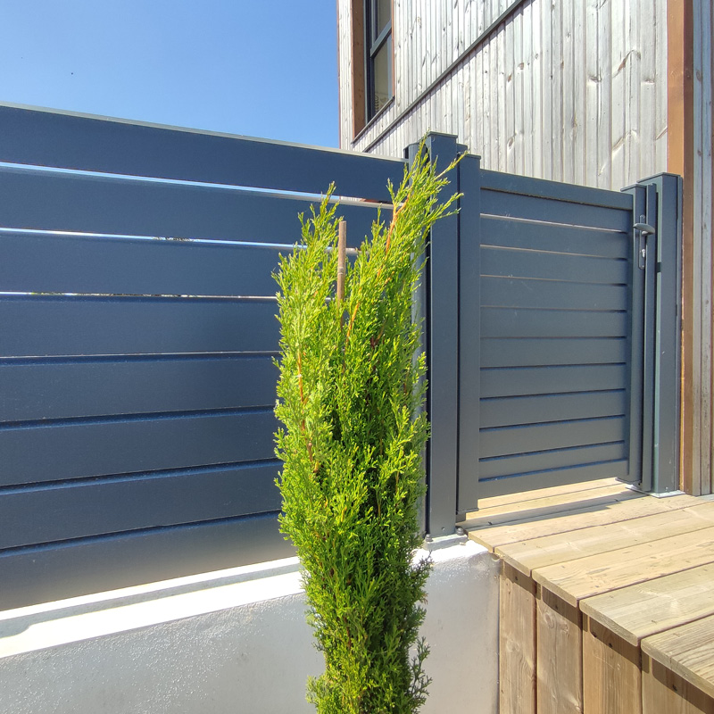 Porte en métal gris près d'un arbuste vert