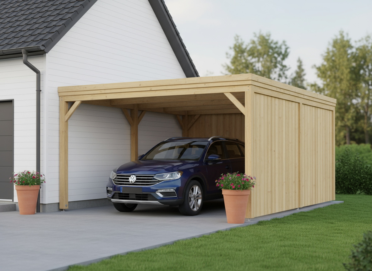 freepik carport bois simple et lgant adoss une maison blan 27168 Voiture garée sous un carport en bois moderne