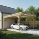 Maison moderne avec carport en bois et voiture blanche