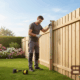 Homme installant une clôture en bois dans un jardin