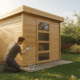 Homme peignant un abri de jardin en bois