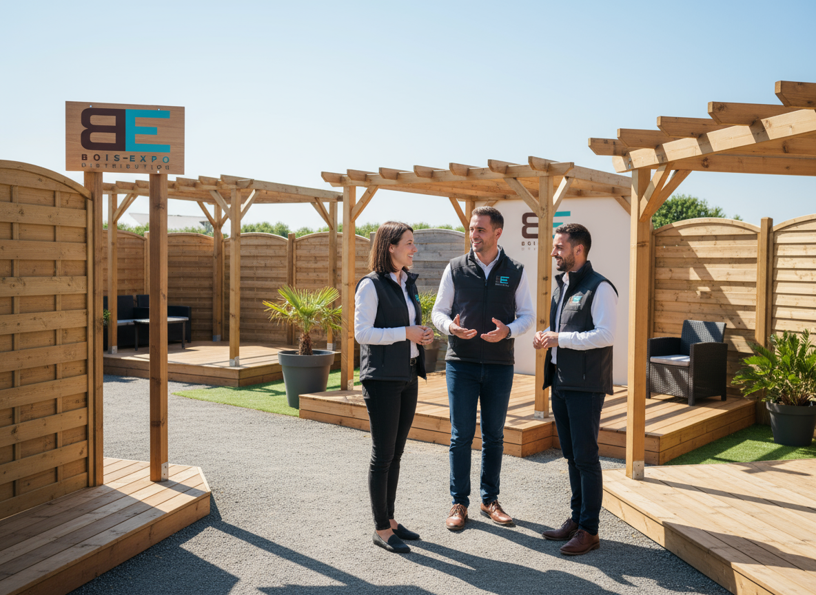 freepik quipe bois expo conseillant un client dans un show 27130 Équipe discutant devant structures en bois extérieures.