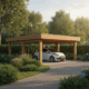 Voiture blanche sous carport en bois jardin