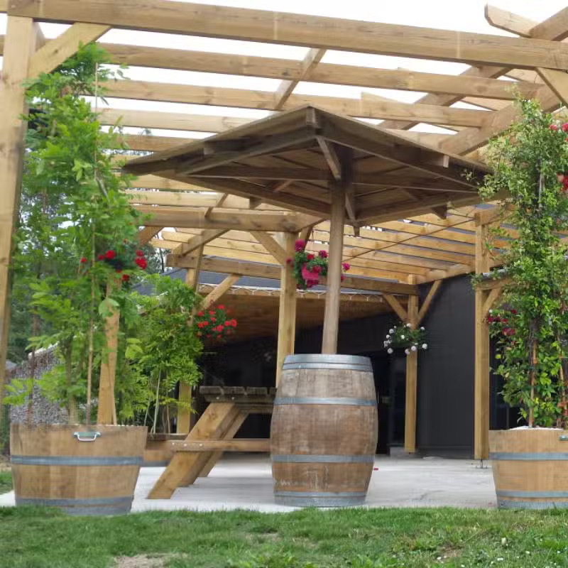 Pergola en bois avec plantes et barriques.