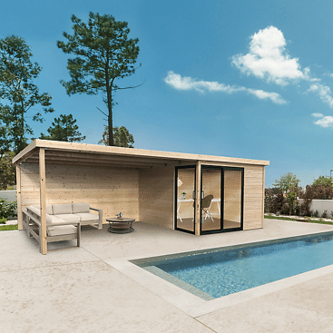 Abri de jardin moderne près d'une piscine.