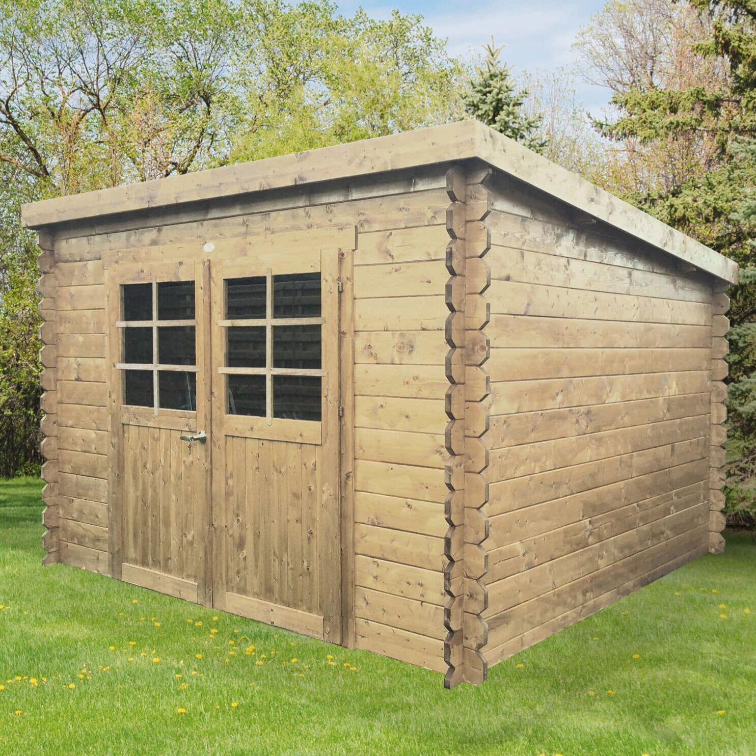 Abri de jardin en bois sur pelouse verte.