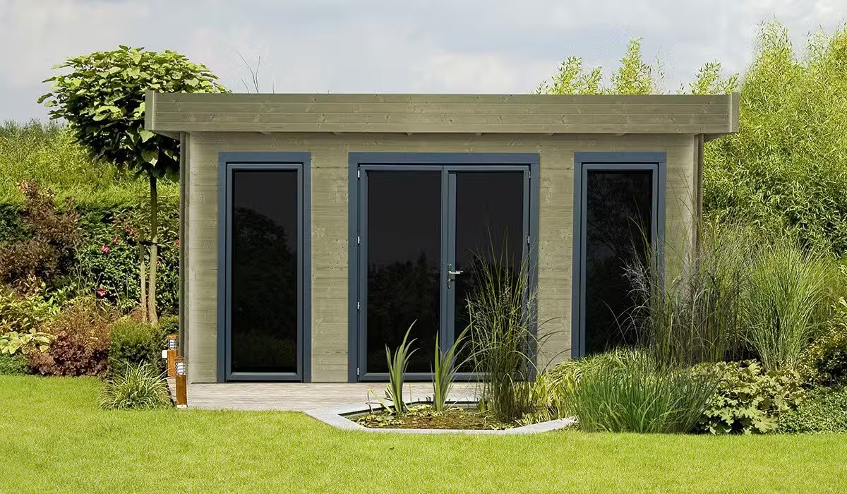 Abri de jardin moderne avec fenêtres.