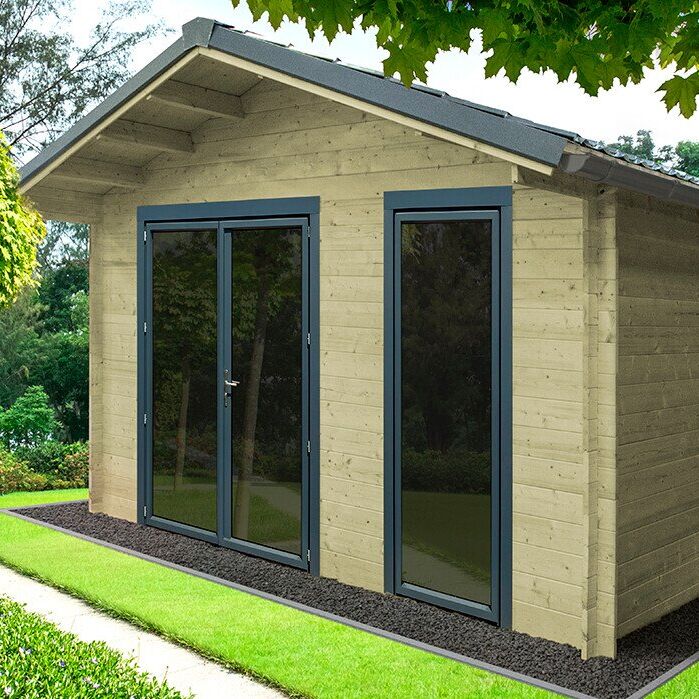 Abri de jardin moderne en bois avec grandes portes.
