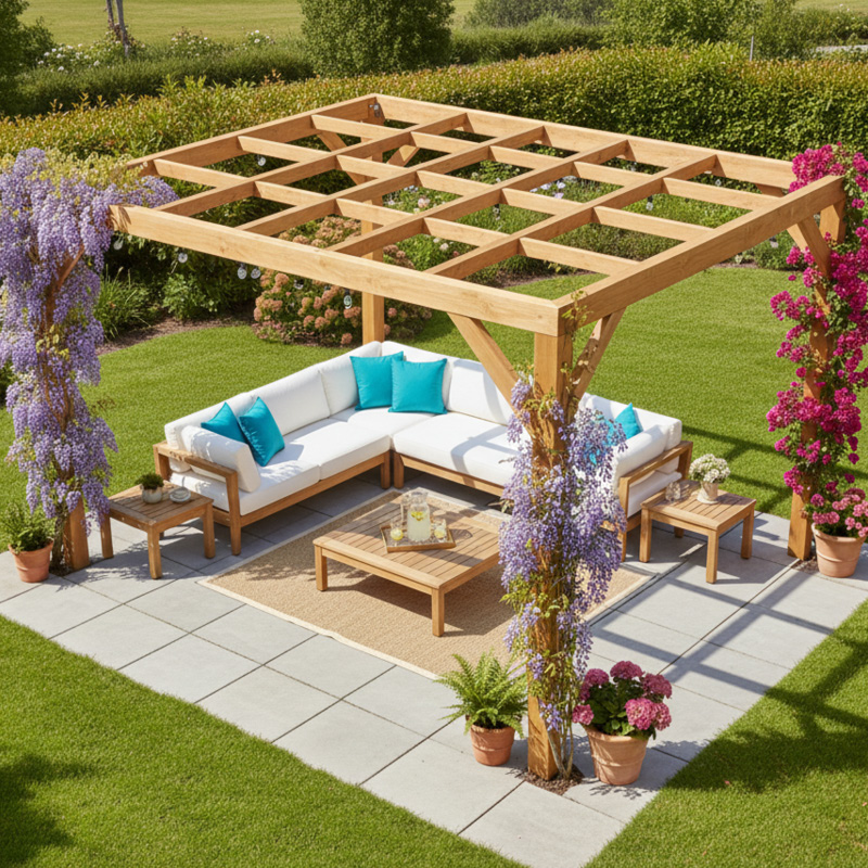 Pergola en bois avec canapé blanc et fleurs.