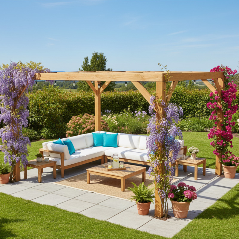 Pergola en bois avec coussins bleus et fleurs.