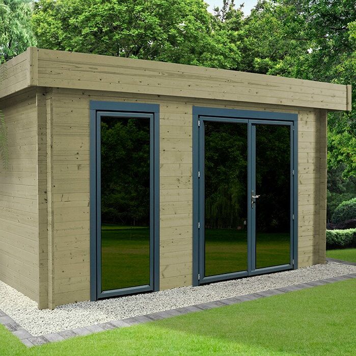 Abri de jardin moderne avec grandes portes vitrées.